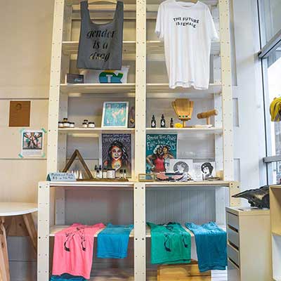 Shirts and other goods for sale at The Qulture Collective in Oakland, California