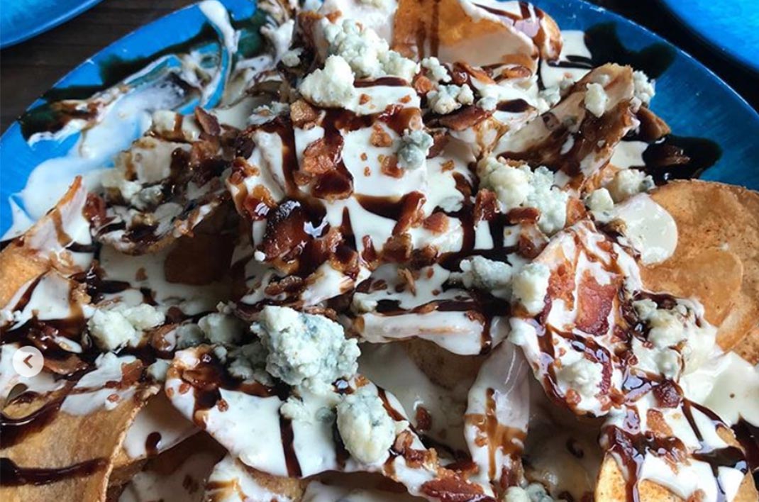 Signature bacon bleu chips appetizer from Turtle Shack Café near Flagler Beach, Florida.