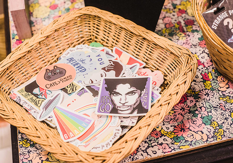 A wicker basket full of stickers at Oddbird gift shop in Charleston, West Virginia.