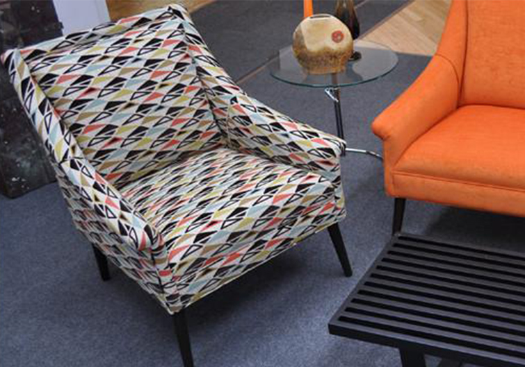 Brightly patterned chairs at Purple Moon, an interior design shop in Charleston, West Virginia.