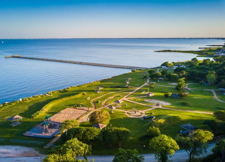 Aerial photo of Pine Gully Park located in Seabrook in Bay Area Houston.