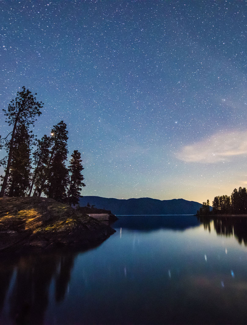 a starry night sky over a lake surrounded by trees 