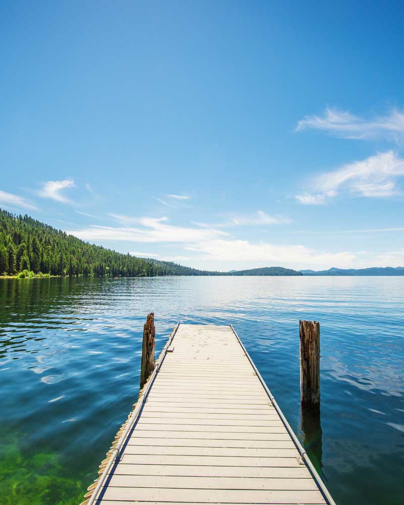 a dock stretches over a lake, surrounded by trees 
				