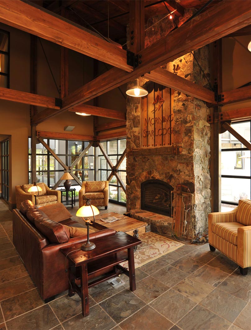 interior of a cozy, cabin-like lodge