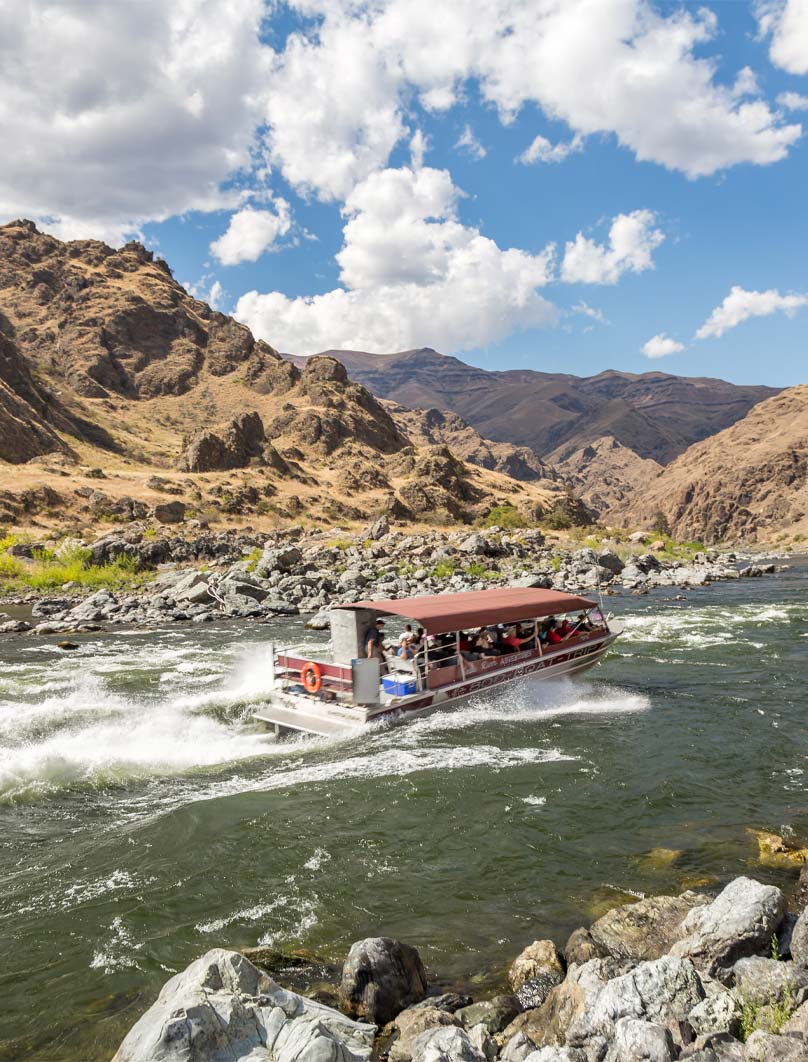jet boat glides over whitewater surrounded by canyon walls
			